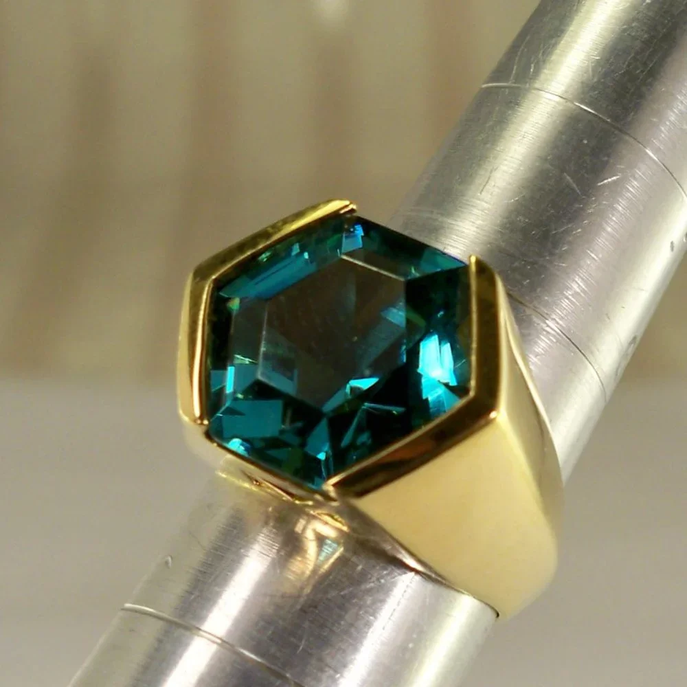NEW Aquamarine Hexagon Cut Crystal Gold Ring
